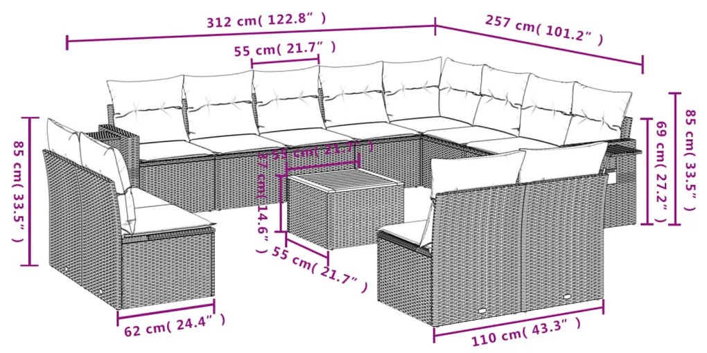 Set Divani da Giardino 13 pz con Cuscini Grigio in Polyrattan