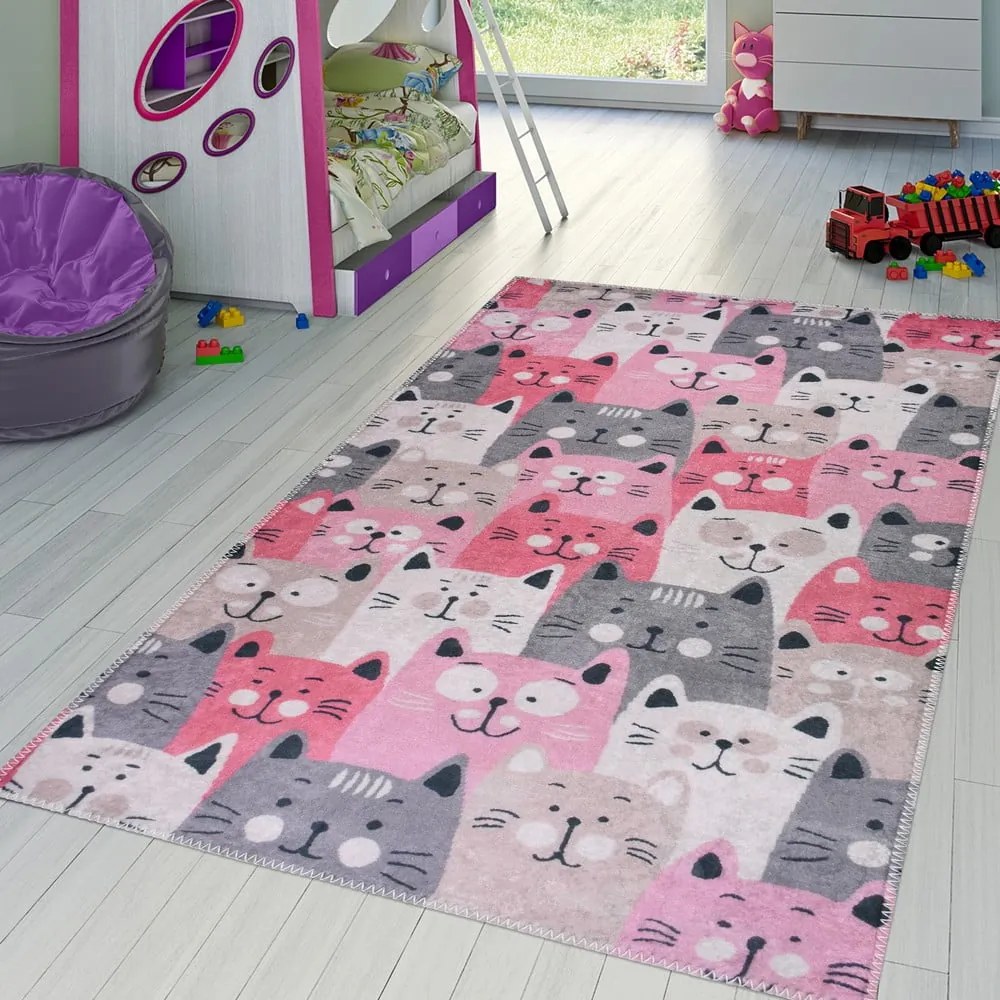 Tappeto rosa e grigio per bambini 80x150 cm Silly Cats - Vitaus