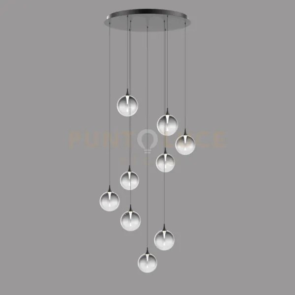 Lampada a sospensione bolla, metallo nero opaco + 9 vetri fumè led ...