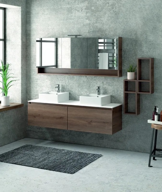 Composizione bagno sospesa 155cm , composta da mobile, specchio contenitore e due pensili SP-155C - KAMALU