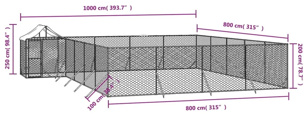 Cuccia cani da esterno tetto argento 10x8x2,5 m acciaio zincato