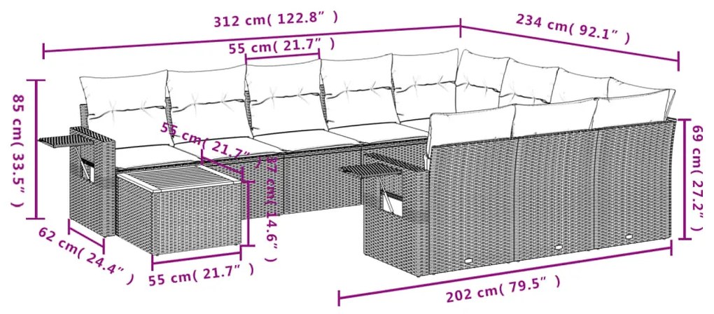 Set Divani da Giardino 11 pz con Cuscini in Polyrattan Nero