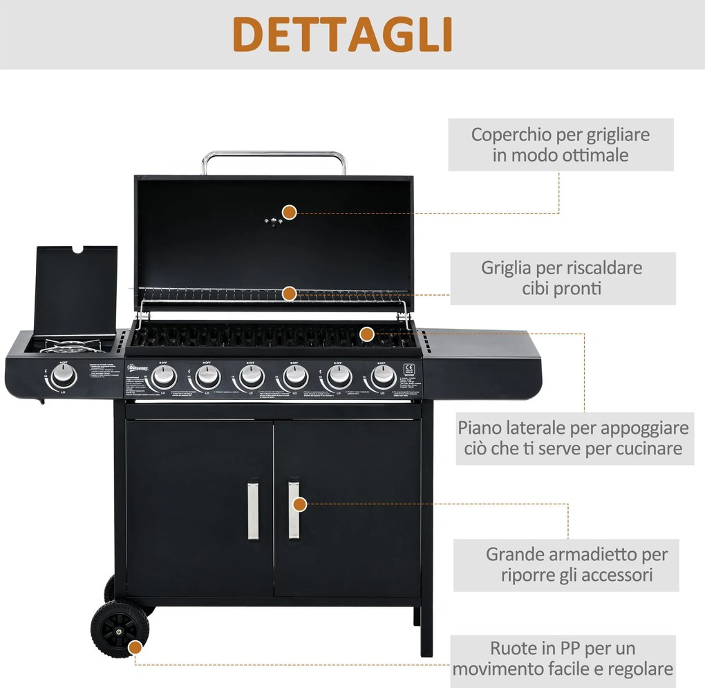 Barbecue a Gas GPL 7 Fuochi 135x50x100 cm con Fornello Laterale Nero...