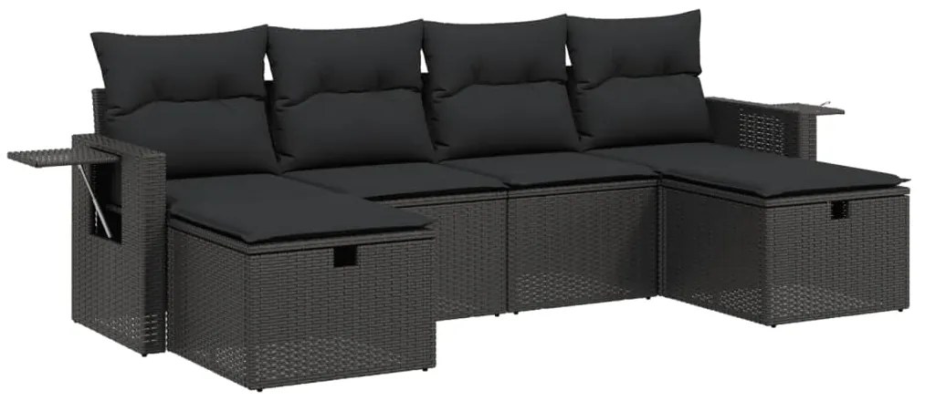 Set Divano da Giardino 6 pz con Cuscini Nero in Polyrattan