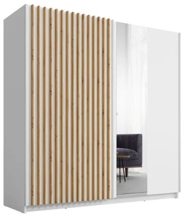 Armadio 200x200h Cm 2 Ante Scorrevoli Con Specchio Bianco Listelli Rovere Dalia