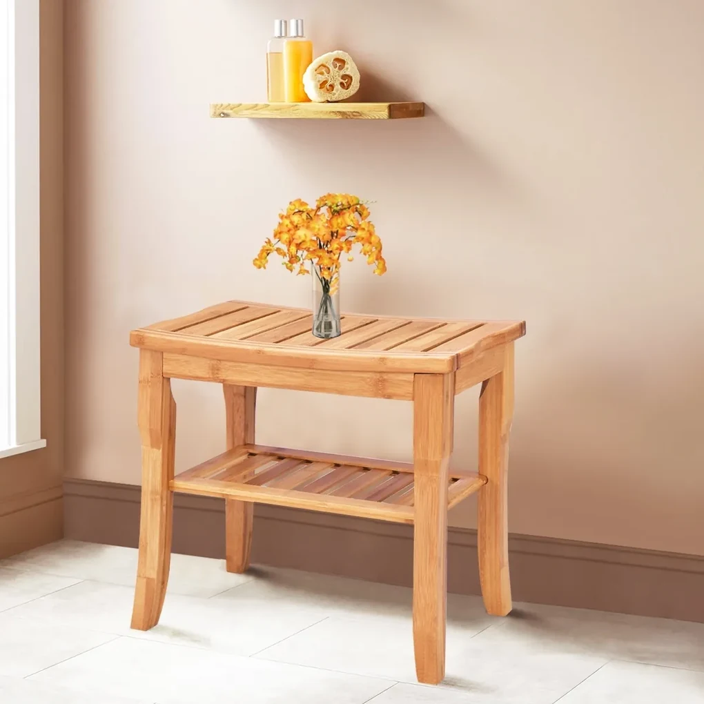 Bagno Panca da Bagno in Legno WANGFENG Sgabello Sedile Doccia in bambù con Ripiano Sedia da Spa