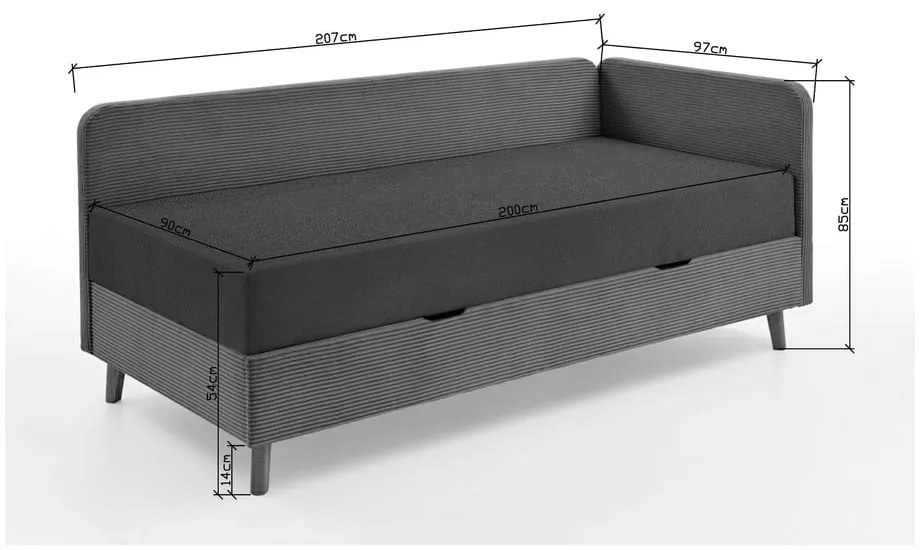 Letto singolo imbottito grigio scuro con contenitore con materasso incluso 90x200 cm Cabana – Meise Möbel
