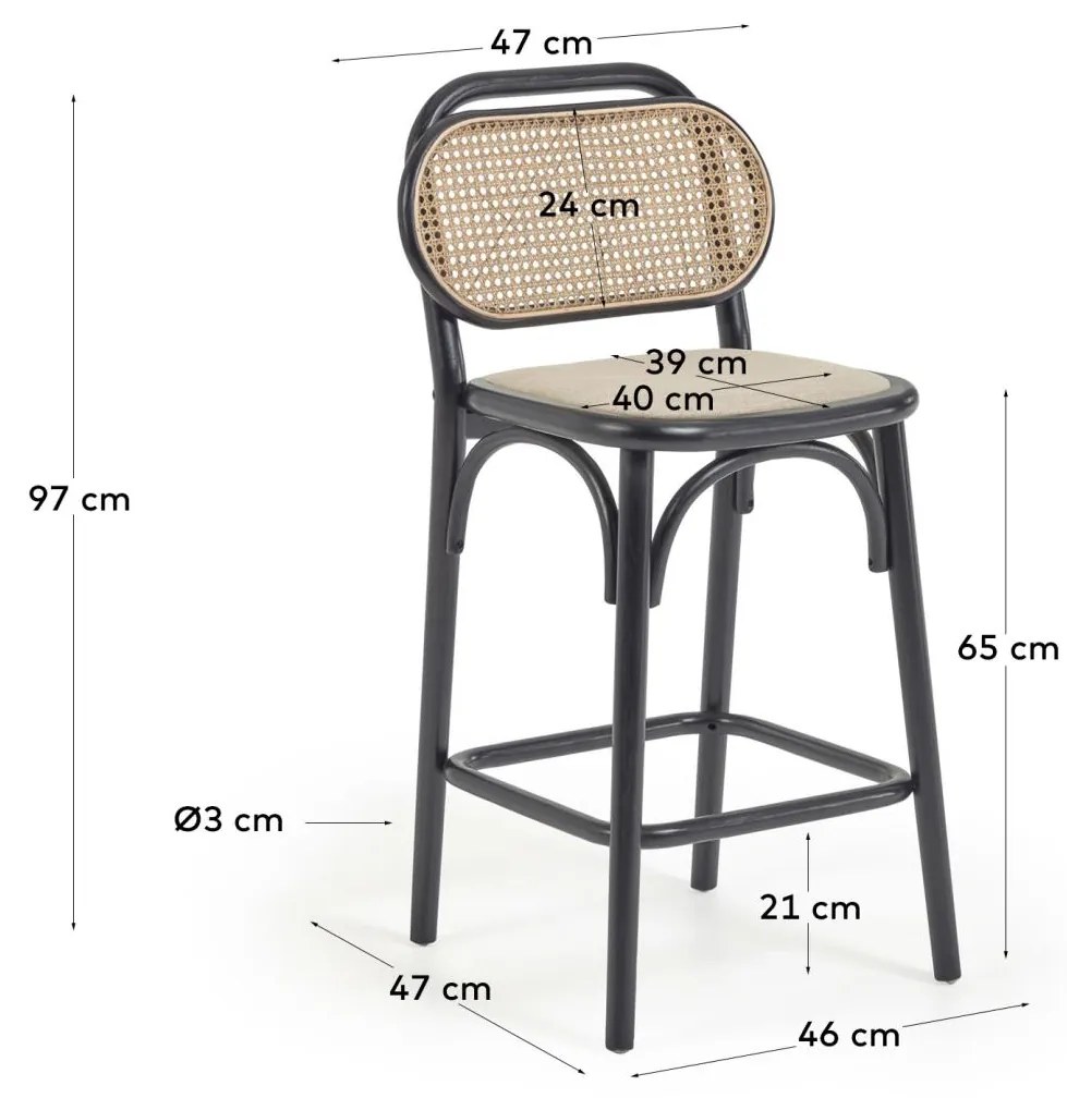 Kave Home - Sgabello Doriane legno massello di olmo finitura laccata nera appoggio 65 cm