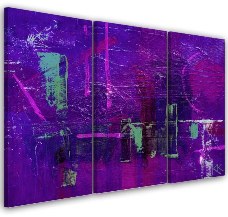 Quadro su tela 3  pannelli, Astrazione dipinta a mano viola  Dimensioni 120x80