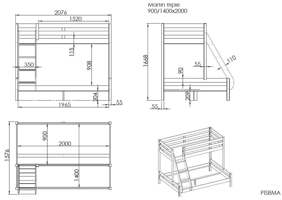 Letto a castello grigio per bambini 140x200/90x200 cm Pino - Vipack