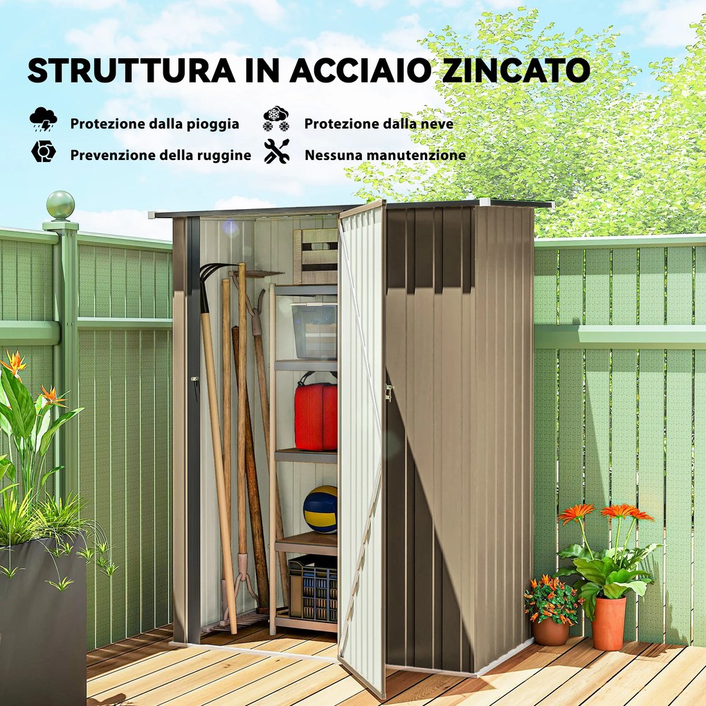 Capanno Porta Attrezzi 142x86x189 cm con Tetto Inclinato e Porta Bloccabile in Metallo Marrone...