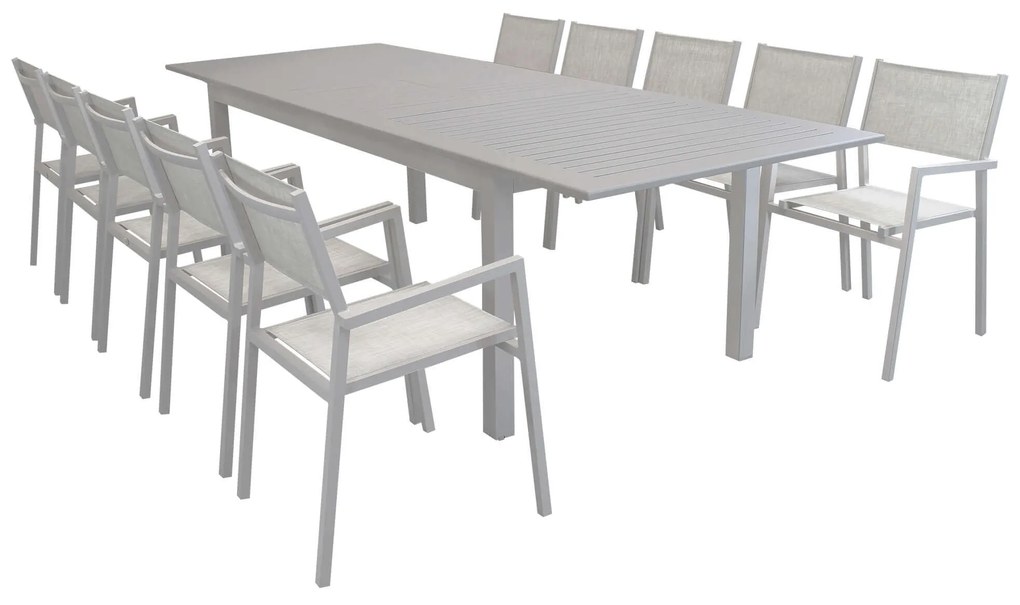 ARGENTUM - set tavolo in alluminio cm 220/280 x 100 x 75 h con 10 poltrone Aulus
