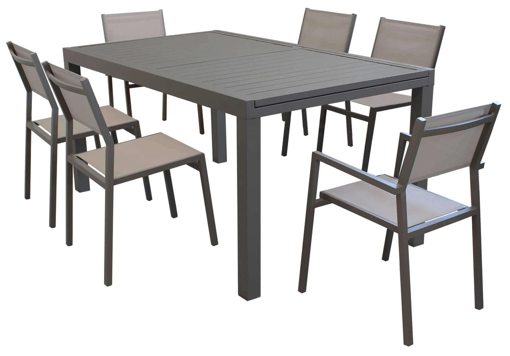 DEXTER - set tavolo in alluminio cm 160/240 x 90 x 75 h con 4 sedie e 2 poltrone Aulus