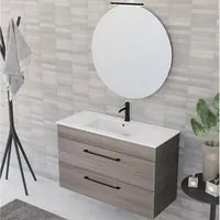 Composizione bagno sospesa Smack a 2 cassetti 100x62 con lavabo, specchio con lampada LED olmo naturale e cemento