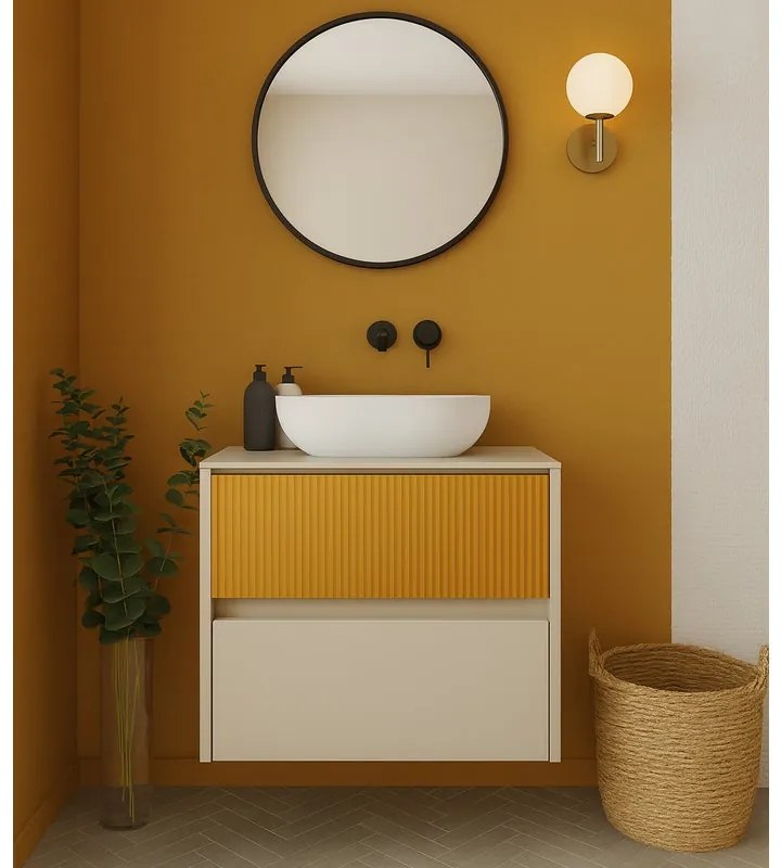 Mobile da bagno sospeso sotto lavabo L 59.5 x H 50 x P 45.5 cm beige laccato opaco, 2 cassetti Niwa