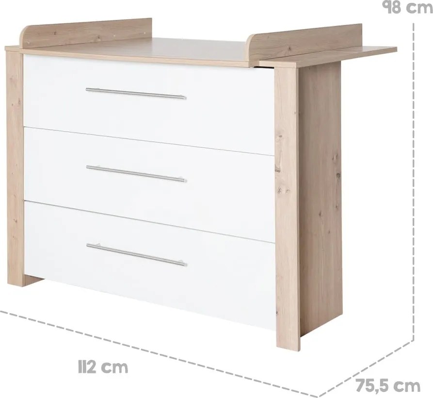 Cassettiera bassa per bambini in rovere con fasciatoio in colore bianco e naturale 112x98 cm - Roba