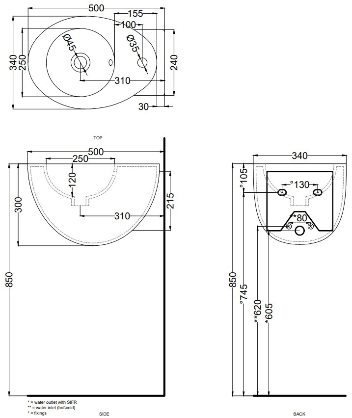 Cielo Le Giare lavabo sospeso 34x50 monoforo con troppopieno in ceramica lavagna