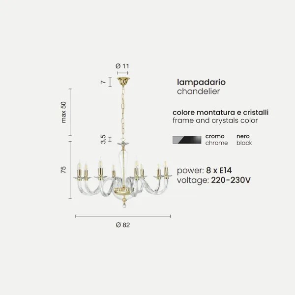 Lampada a sospensione D82 cm RAVEL 8 luci in vetro lavorato a mano NERO