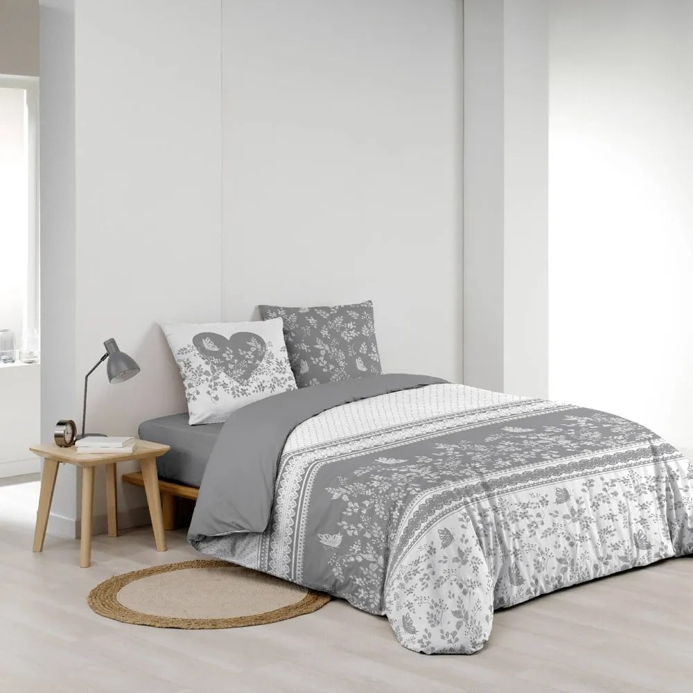 Set copripiumino e federa bianco/grigio in cotone per letto matrimoniale 200x200 cm Annie – douceur d'intérieur
