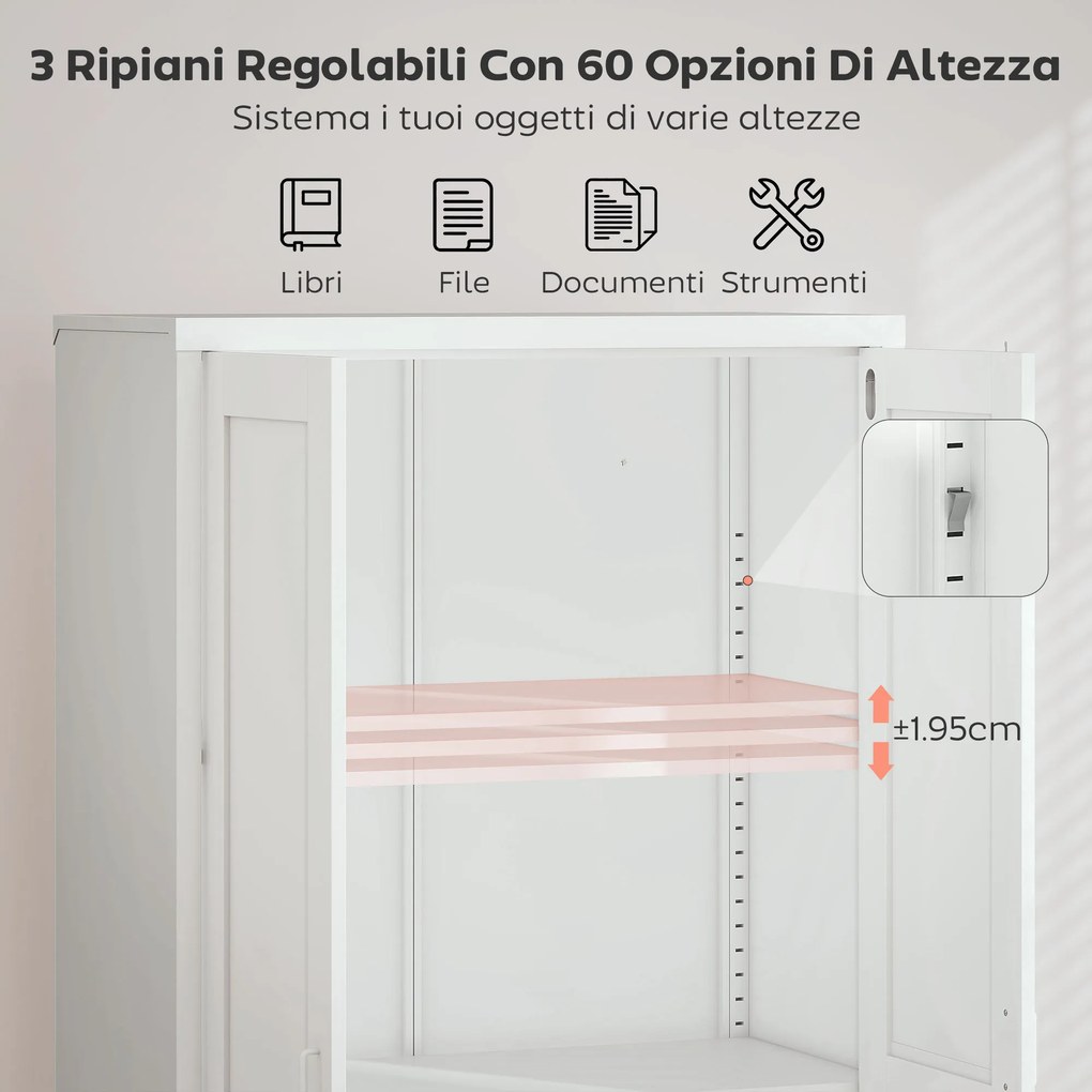 Armadio per Ufficio 80x40x175 cm a 3 Ripiani Regolabili con Serratura e 2 Chiavi in Acciaio Bianco...