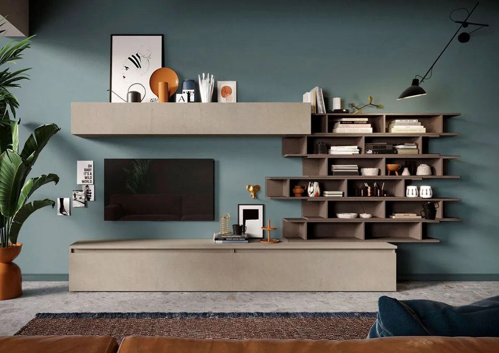Vendita online, Parete attrezzata di design L.276 con libreria, finitura Argilla e Bronzo