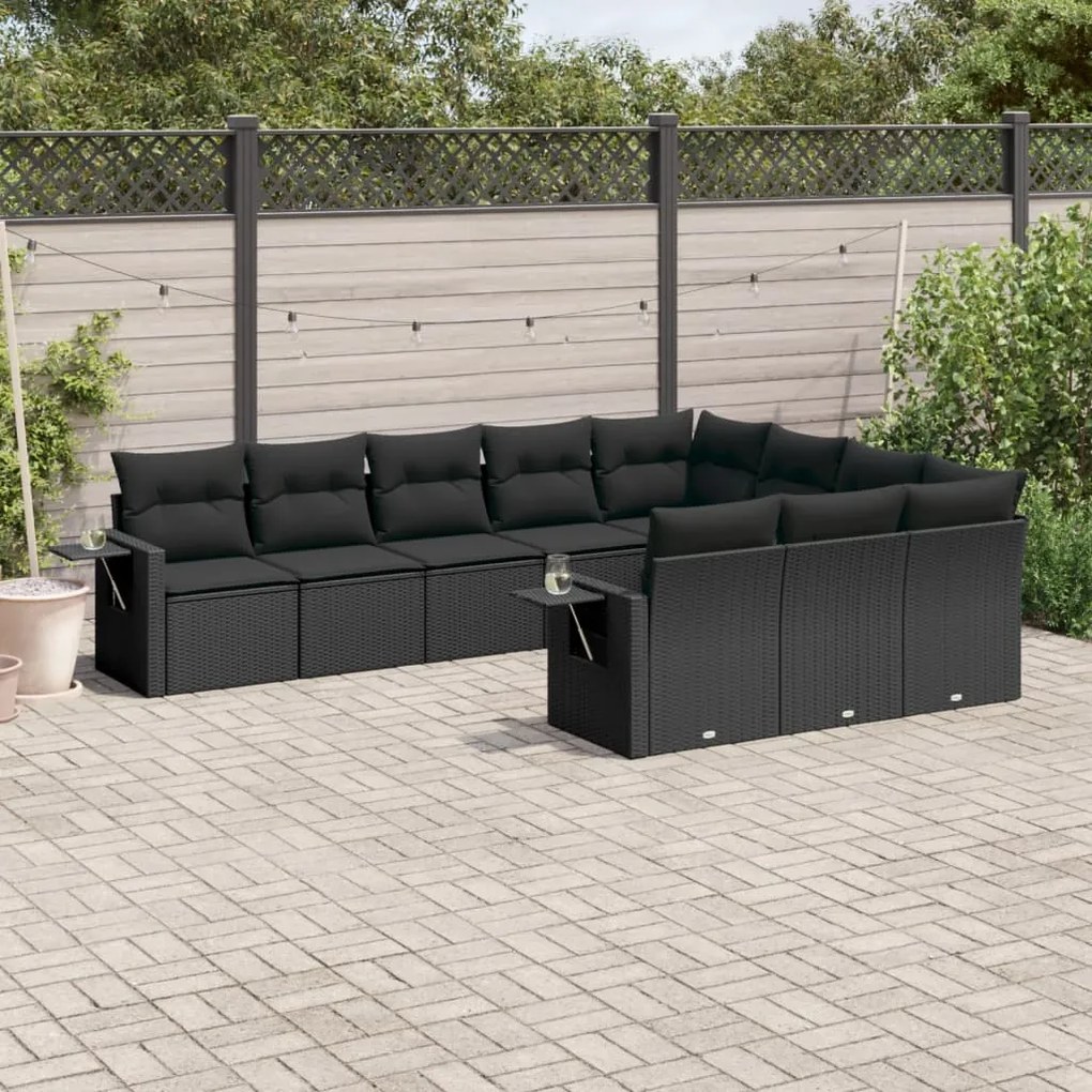 Set Divani da Giardino 10pz con Cuscini in Polyrattan Nero