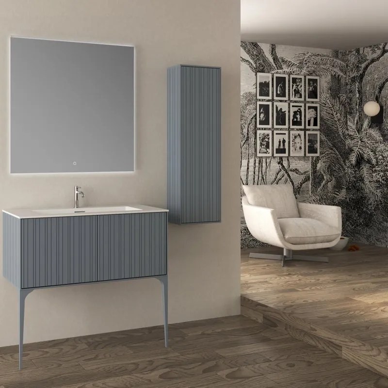 Mobile bagno da terra con lavabo Domino L 100 x H 43 x P 46 cm blu avio cannettato, 2 cassetti per vasca centrale