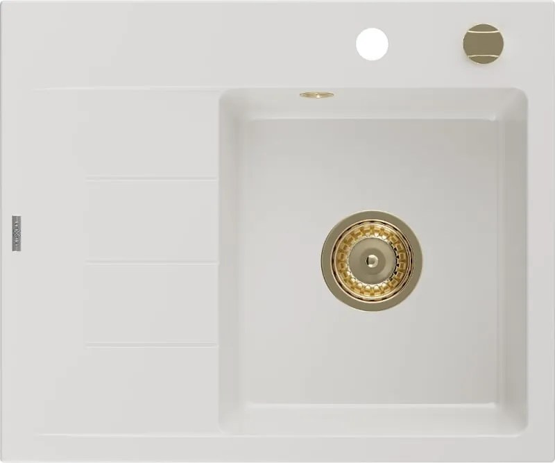 Mexen Ben lavello in granito a una vasca con scolapiatti, destro 600 x 500 mm, bianco, sifone dorato - 6523605000-20-G