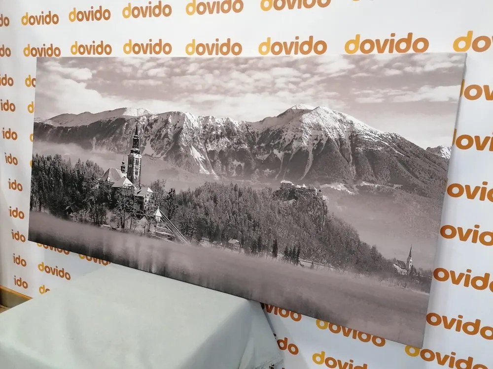 Stampa su tela – Chiesa sul lago Bled in Slovenia in bianco e nero