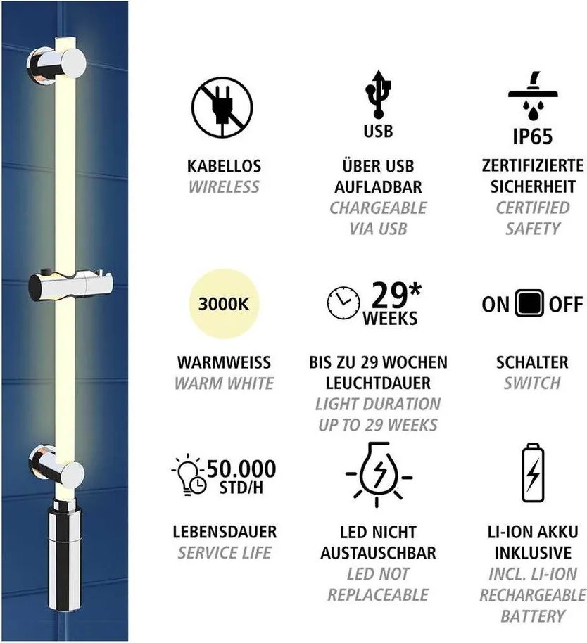 Asta doccia da parete color argento 74 cm LED - Wenko