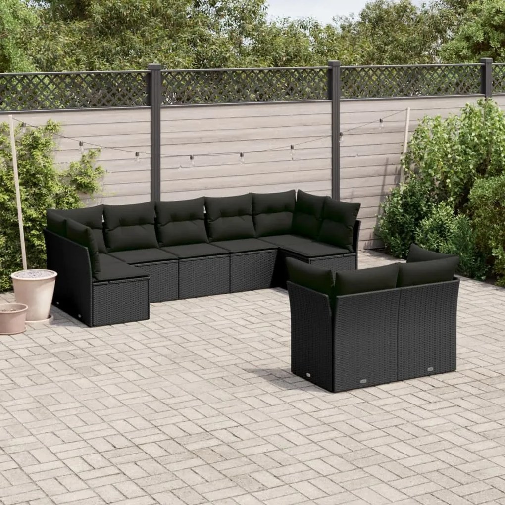 Set divani da giardino 9 pz con cuscini nero in polyrattan