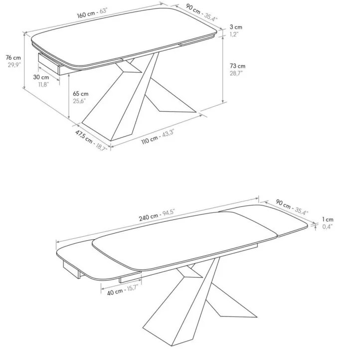 Tavolo FIGARI in vetroceramica bianco arabesco con gambe a X in metallo bronzo, allungabile 160&#215;90 cm &#8211; 240&#215;90 cm