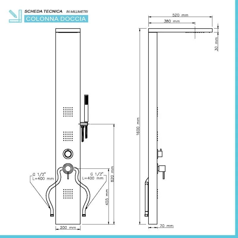 Colonna doccia satinata multi getto con 3 funzioni in acciaio inox