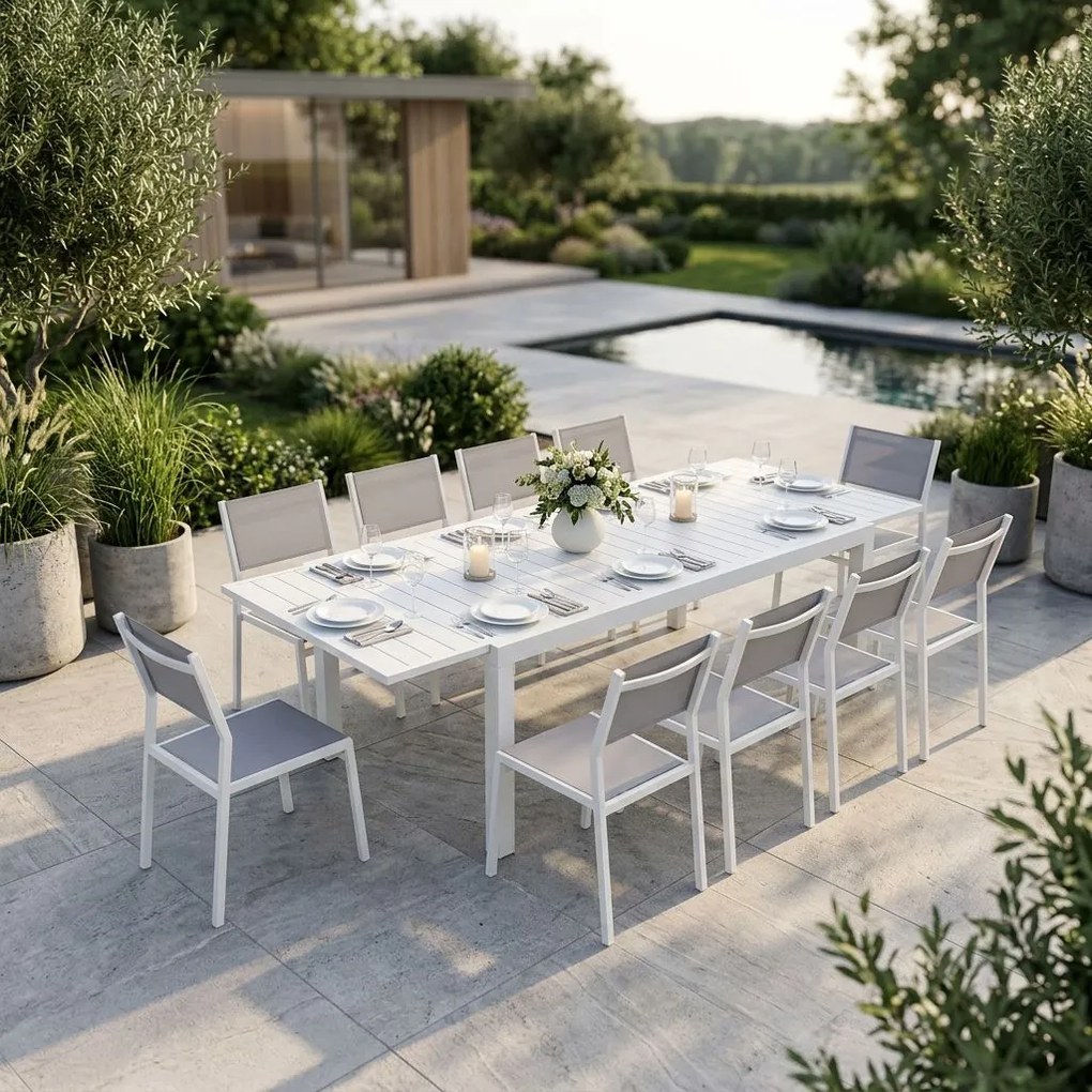 DEXTER - set tavolo in alluminio cm 200/300 x 100 x 74 h con 10 sedie Aulus