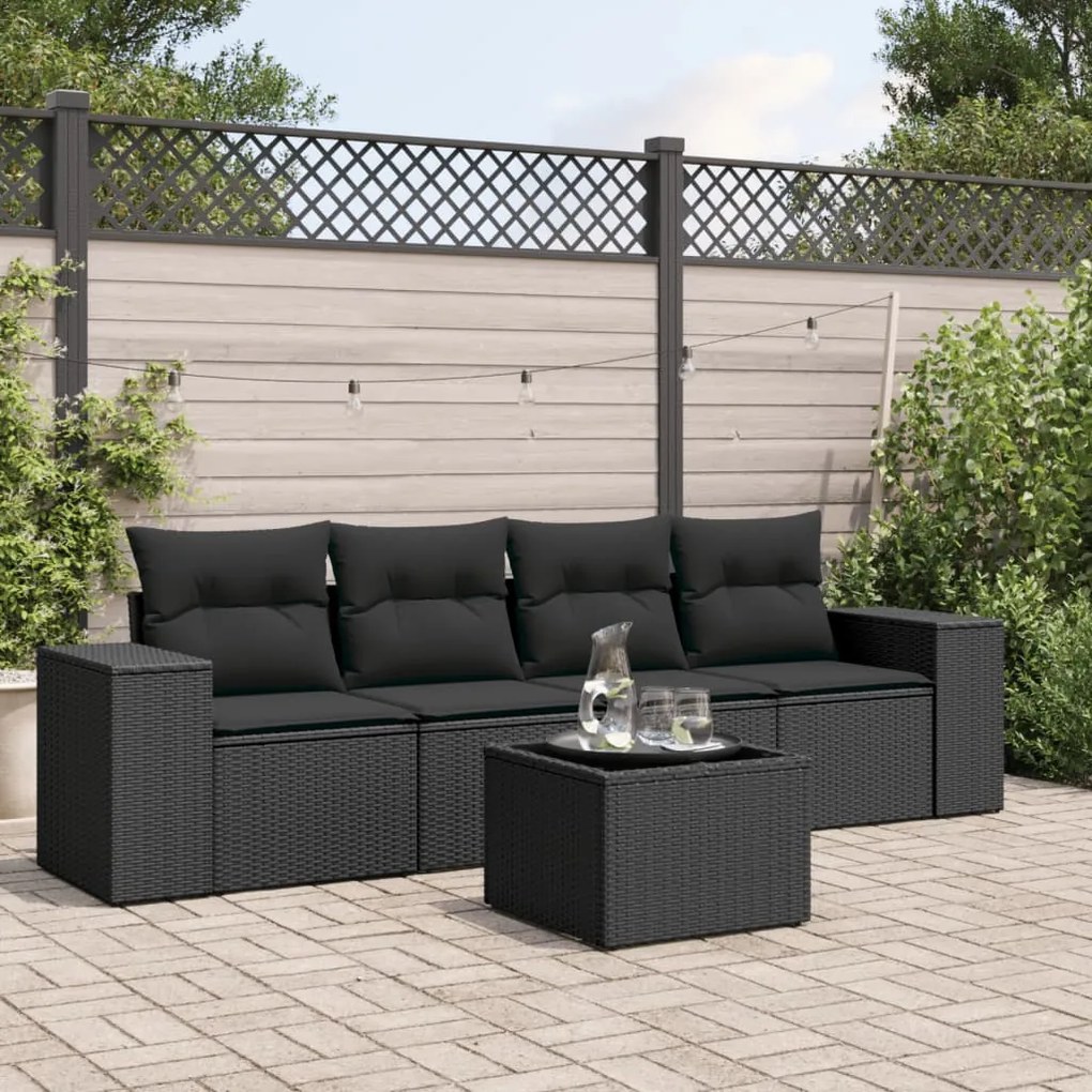 Set divani da giardino 5 pz con cuscini in polyrattan nero