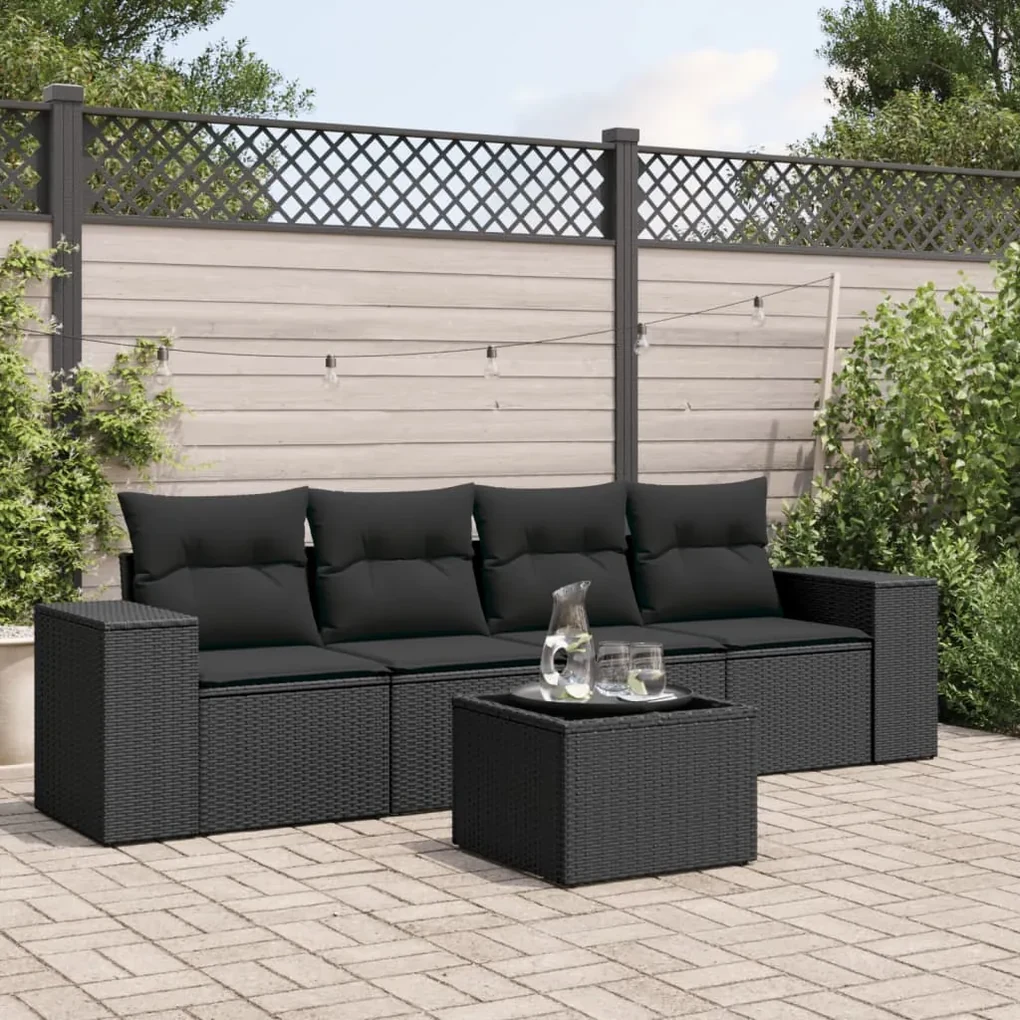 Set divani da giardino 5 pz con cuscini in polyrattan nero