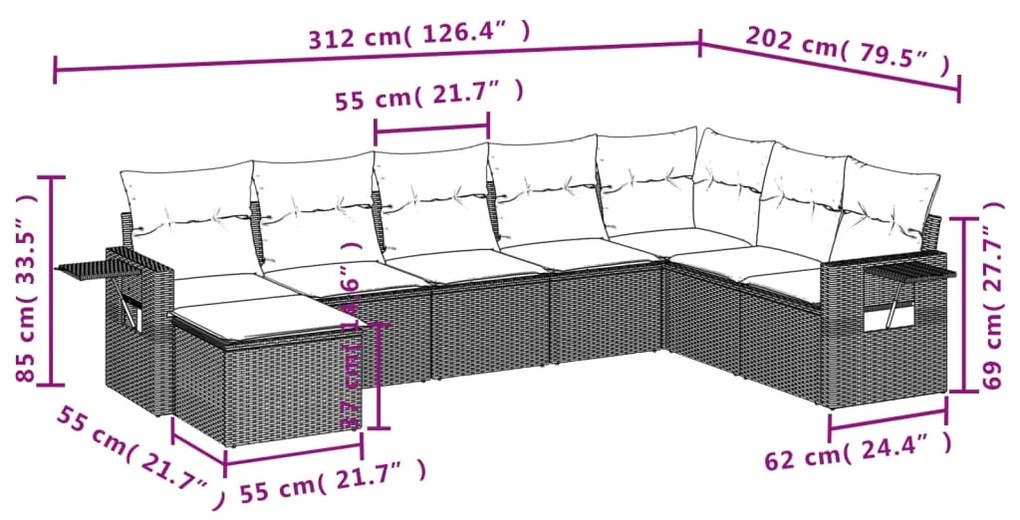 Set divano da giardino 8pz con cuscini grigio chiaro polyrattan