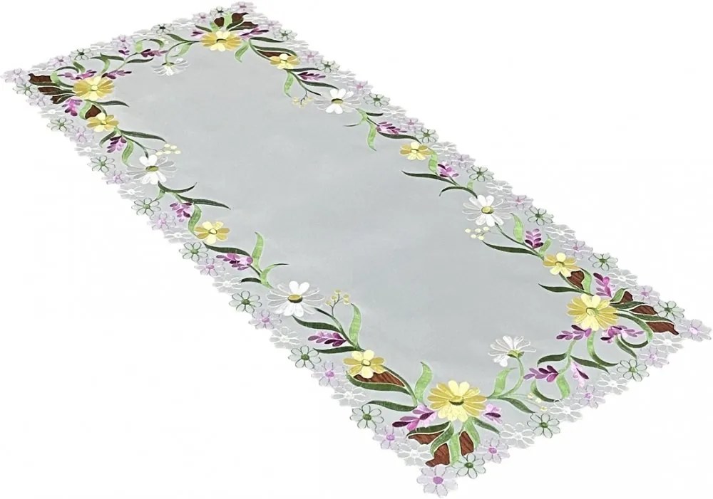 Tovaglia grigia con delicato ricamo di fiori primaverili Larghezza: 40 cm | Lunghezza: 85 cm