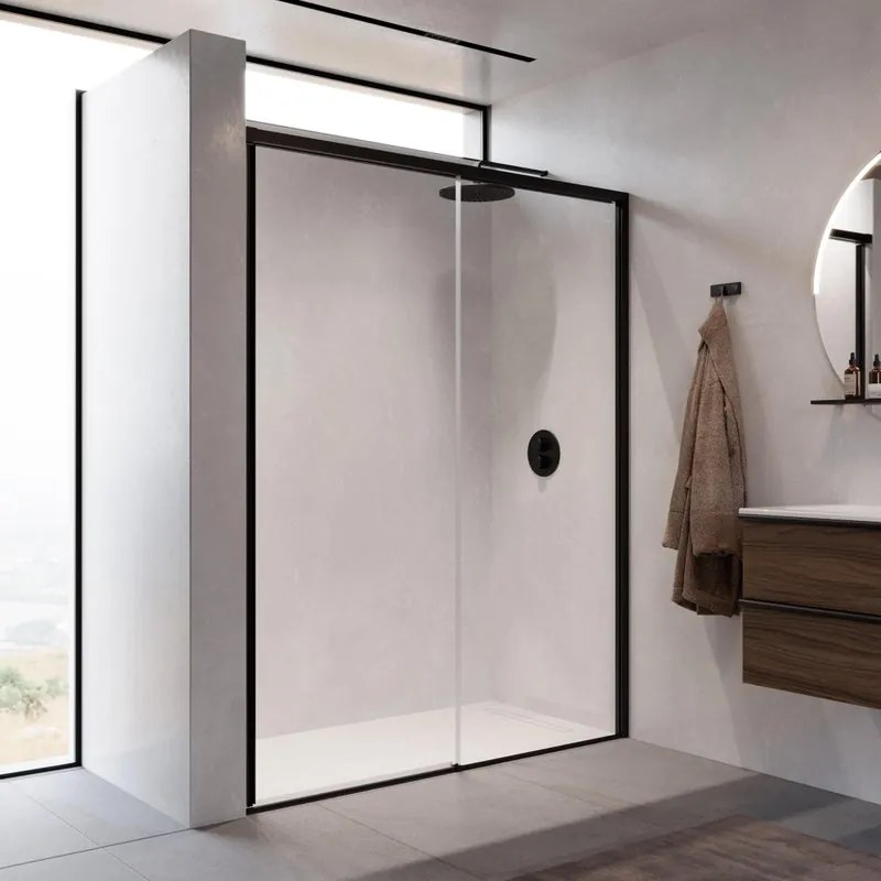 Porta doccia L 147-150 cm x H 200 cm, per nicchia in vetro trasparente SP. 8 mm, profilo nero