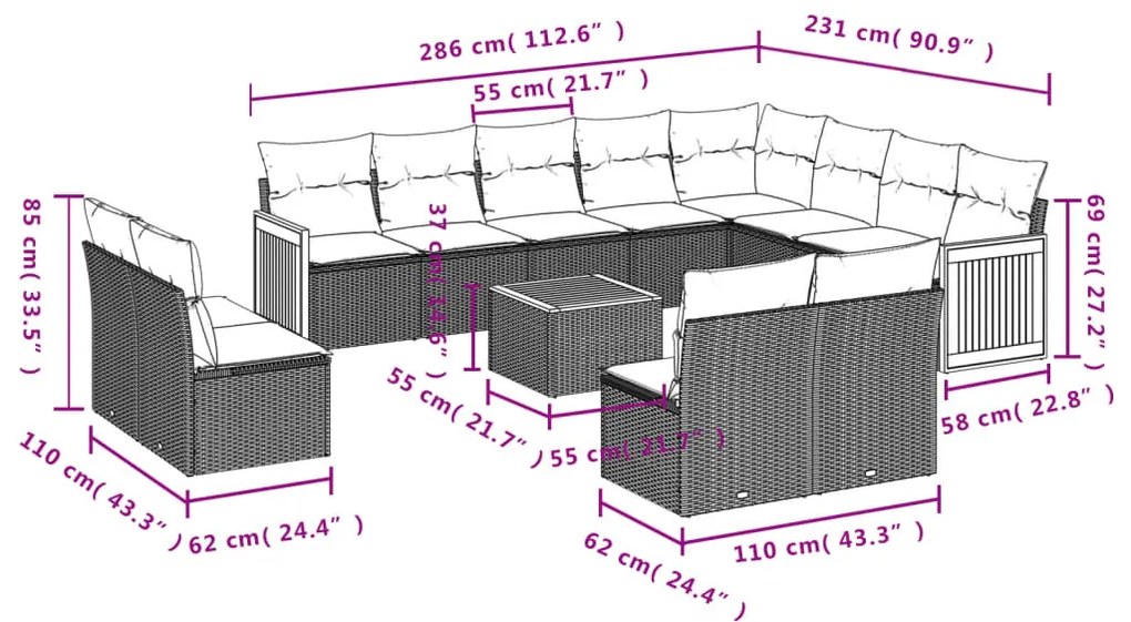 Set Divani da Giardino 13pz con Cuscini Nero in Polyrattan