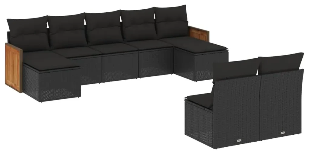 Set divani da giardino 9 pz con cuscini nero in polyrattan