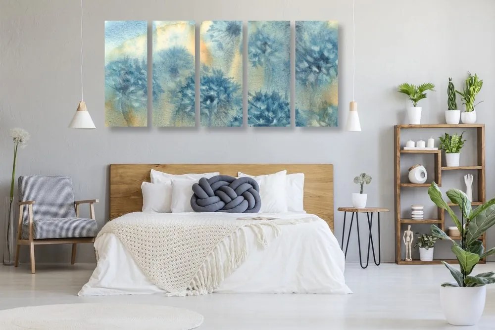 Quadri 5 pezzi – Dente di leone blu in versione acquerello