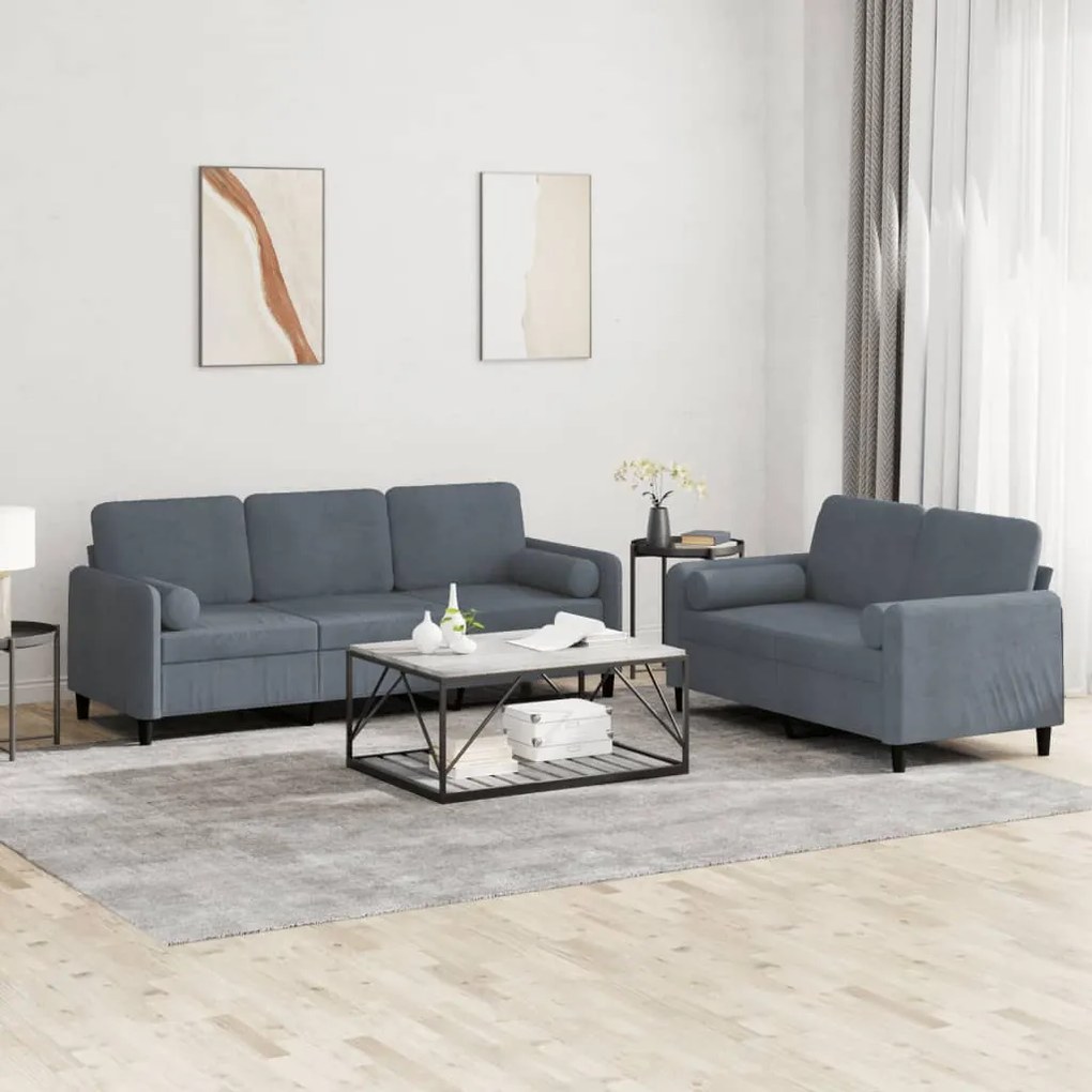 Set Di Divani 2 Pz Con Cuscini Grigio Scuro İn Velluto /