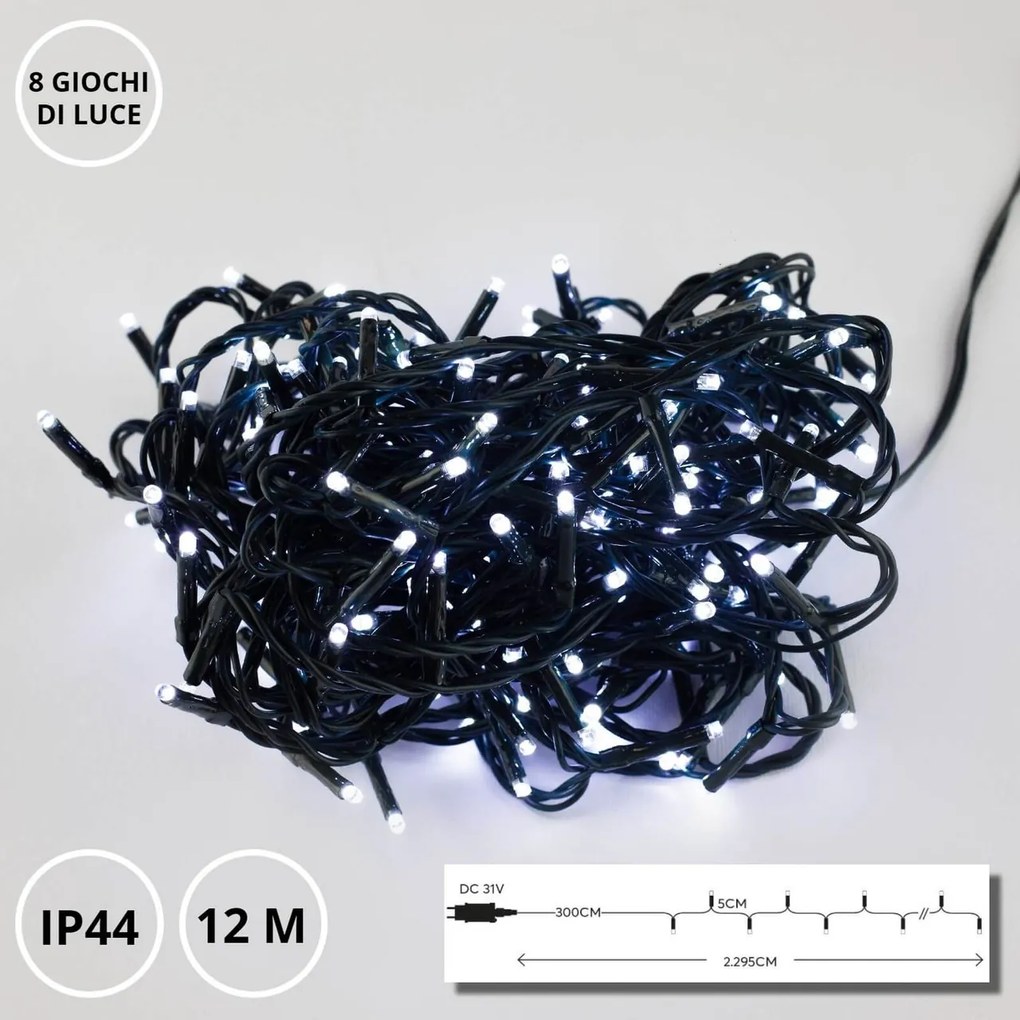 Catenaria Natalizia LED 12m IP44 8 GIOCHI DI LUCE Cavo VERDE Colore Bianco Freddo 7500 - 8500 °K