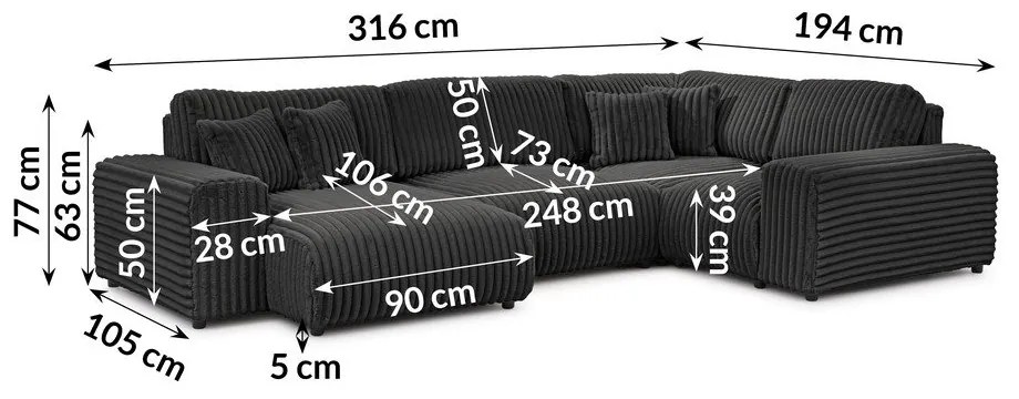 Divano angolare grigio scuro (con penisola a destra/a U) rivestito in velluto a coste Justin – Ropez