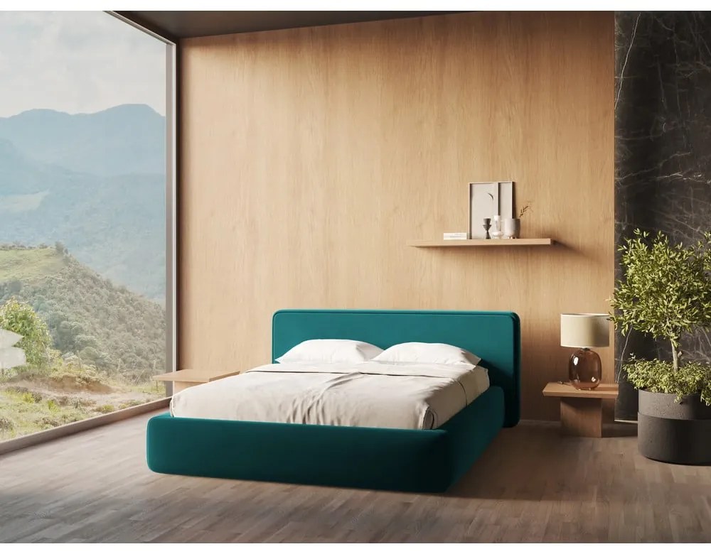 Letto matrimoniale imbottito turchese con vano contenitore con griglia 160x200 cm Kiana - Makamii