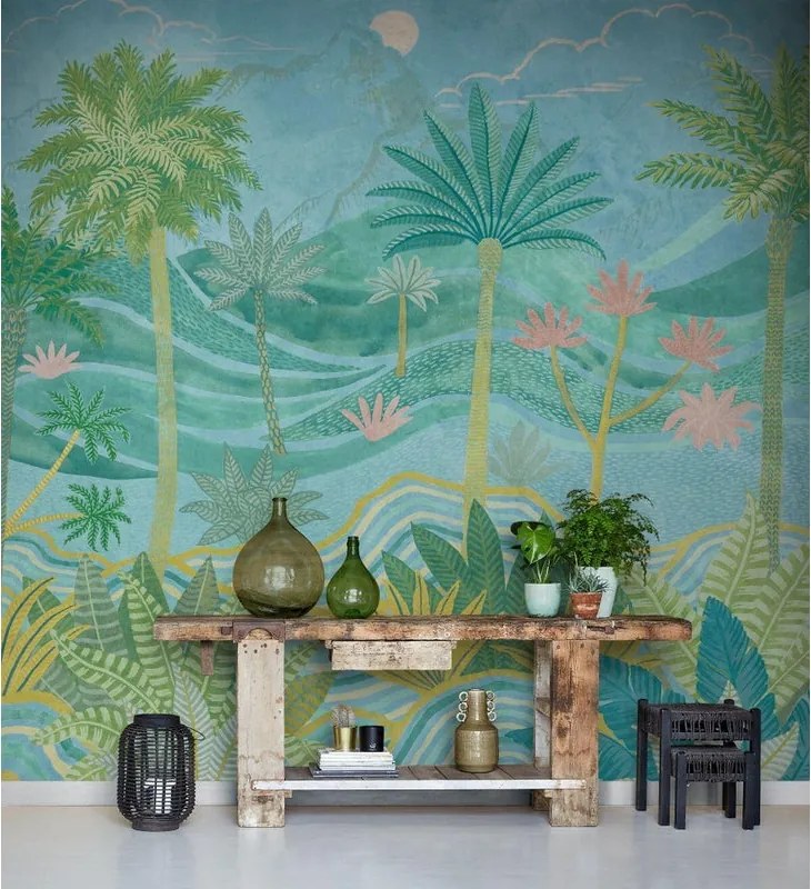 Fotomurale GRANDECOLIFE Palm, azzurro, verde chiaro, rosa 371X280 cm