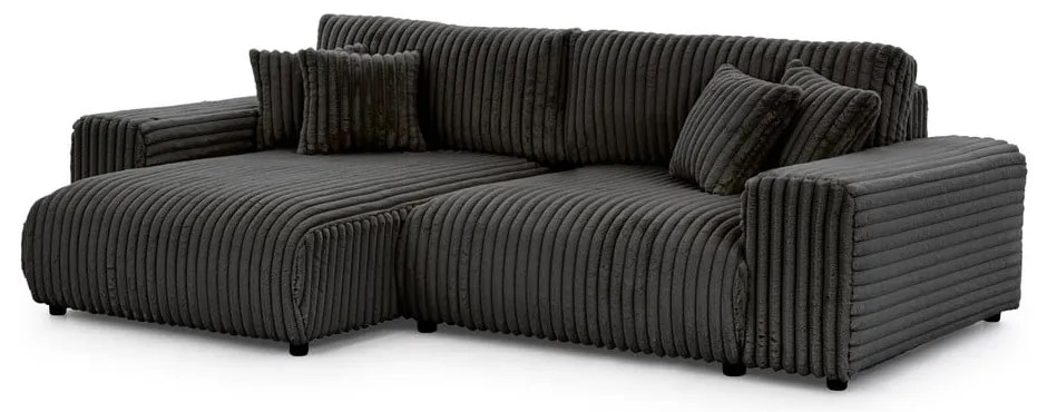 Divano angolare con penisola a sinistra grigio scuro e rivestimento in velluto a coste allungabile e con contenitore Sarina – Ropez