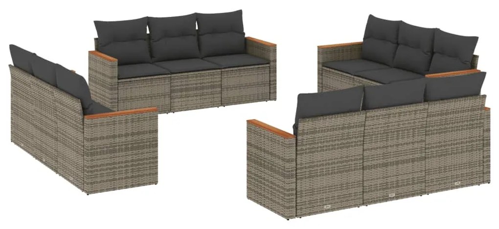 Set divani da giardino 12 pz con cuscini grigio in polyrattan