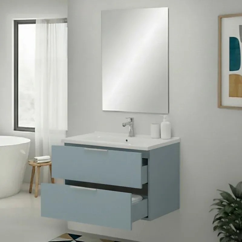 Mobile bagno sospeso 80cm azzurro polvere con cassetti lavabo e specchio Elva